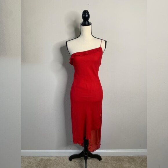 Express Red Silk One Shoulder Asymmetrical Cocktail Midi Dress - Picture 2 of 12
